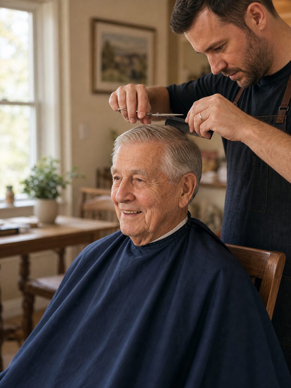 Barber giving a senior a comfortable in-home haircut